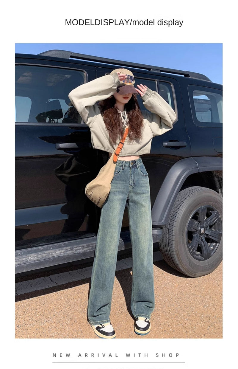 Cement gray fleece-lined slim-fit straight leg jeans for women, new style, high-waisted, slimming, wide-leg pants for petite women.