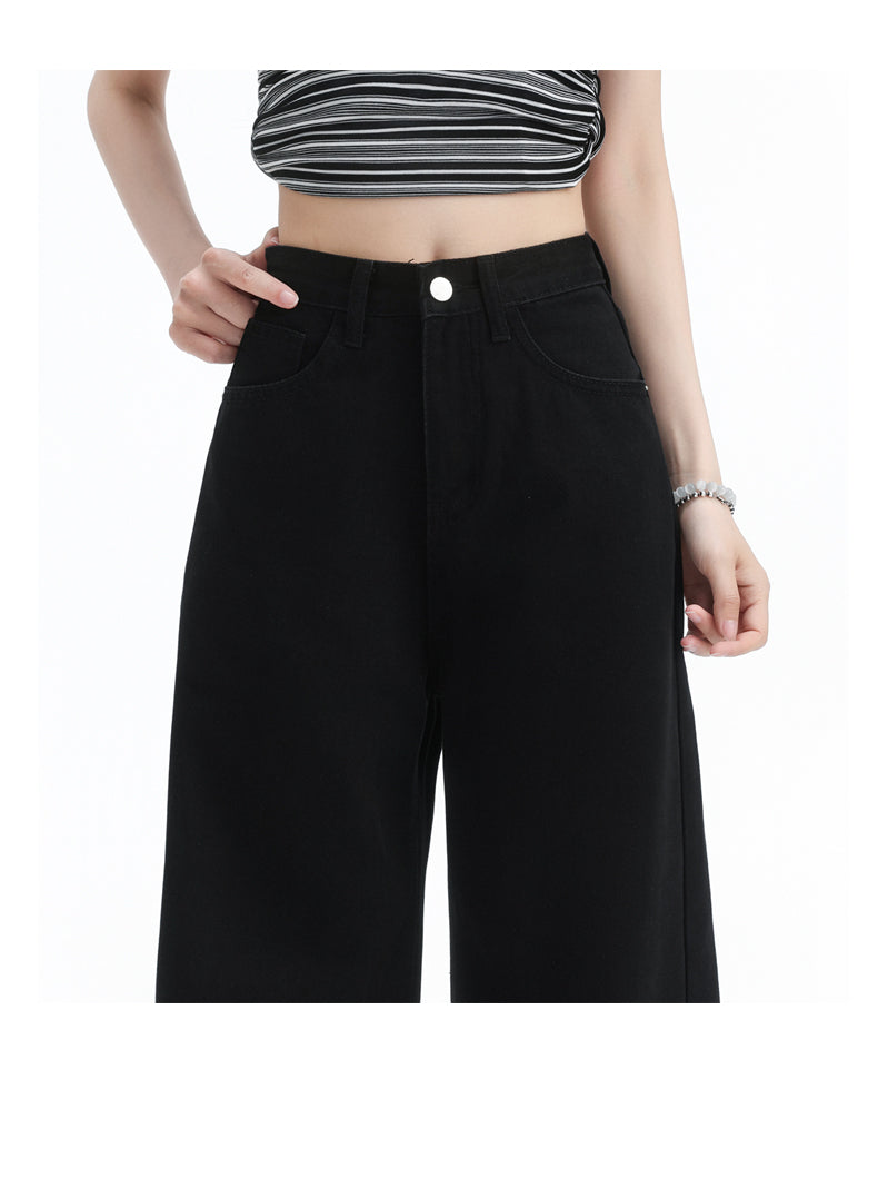 Stylish black high-waisted wide-leg jeans for women with pear-shaped figures, loose-fitting straight leg.
