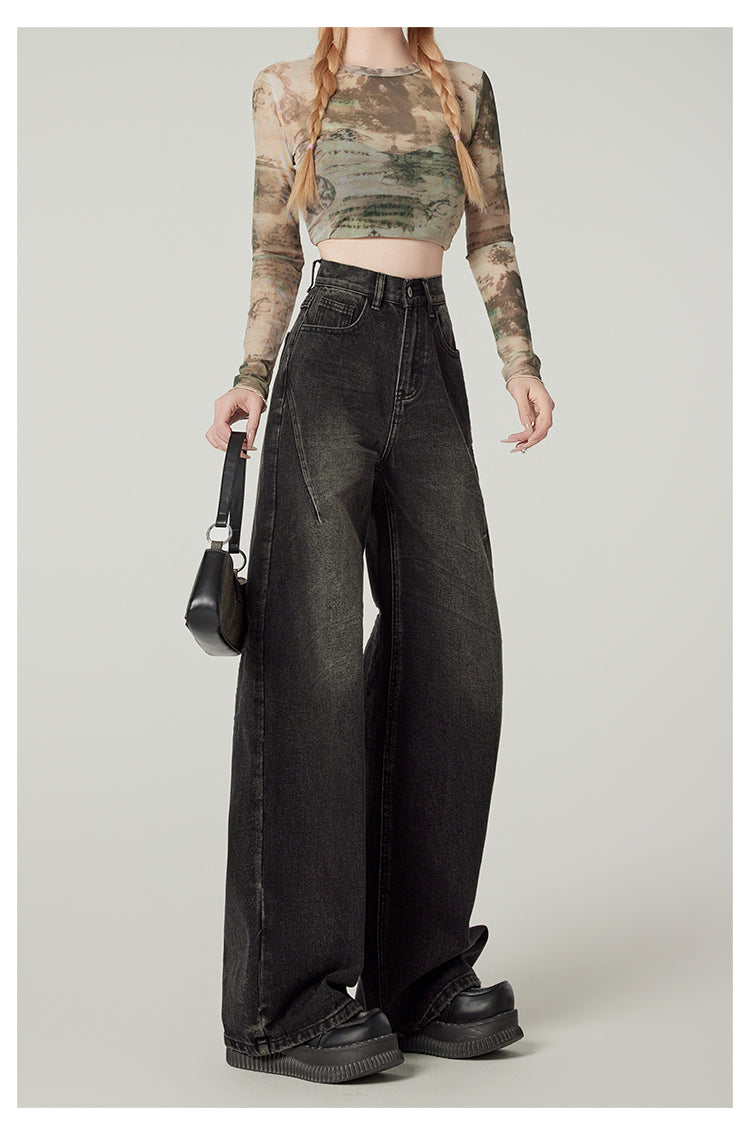 American retro high-waisted wide-leg jeans for women, sexy black loose-fitting slim-fit pear-shaped straight leg pants