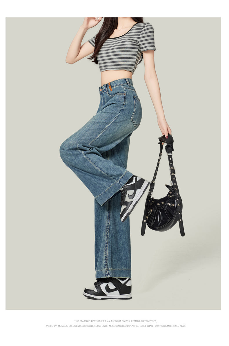 Retro blue high-waisted cropped straight leg jeans for petite women, pear-shaped, loose fit, slimming wide-leg pants
