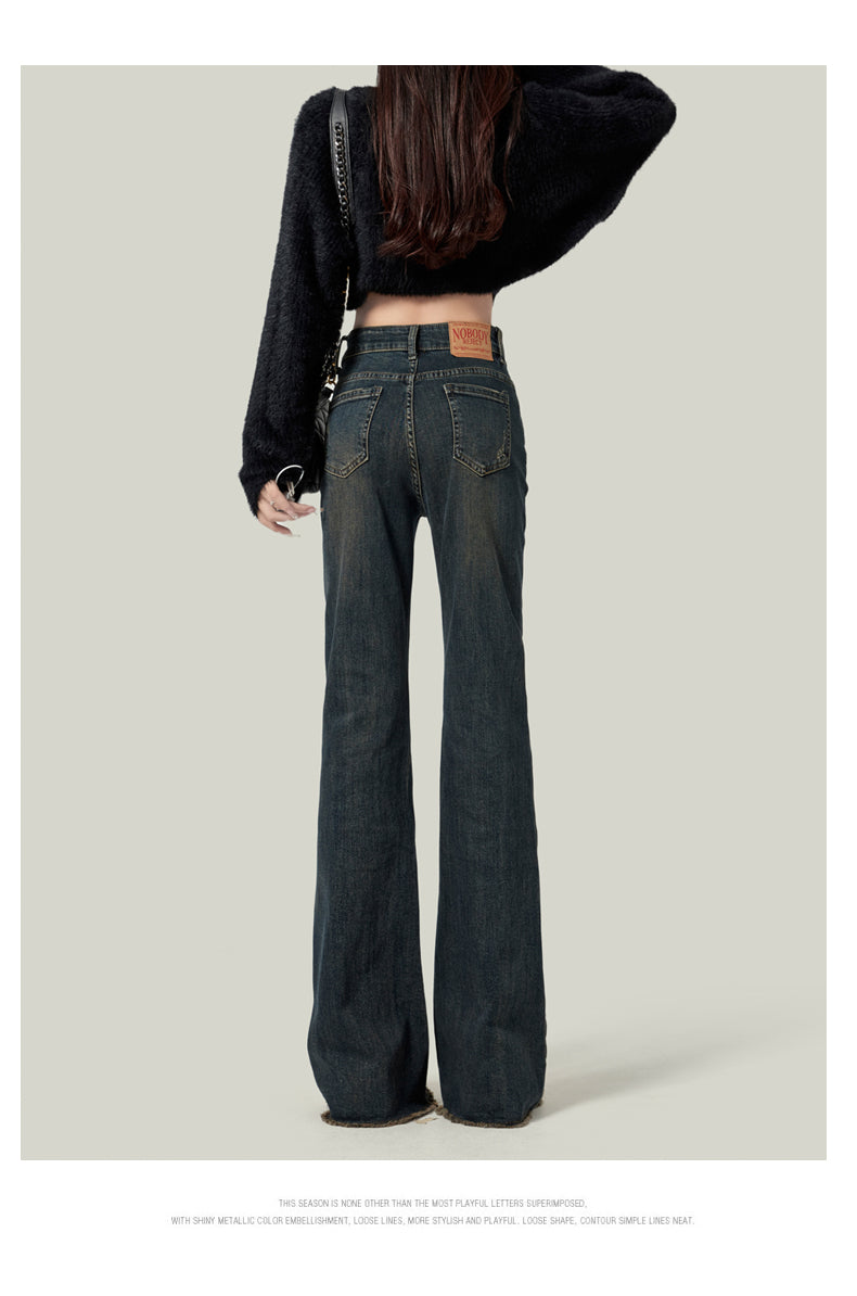 Retro American style high-waisted nano gray flared jeans for women, slimming, platform, floor-length trousers