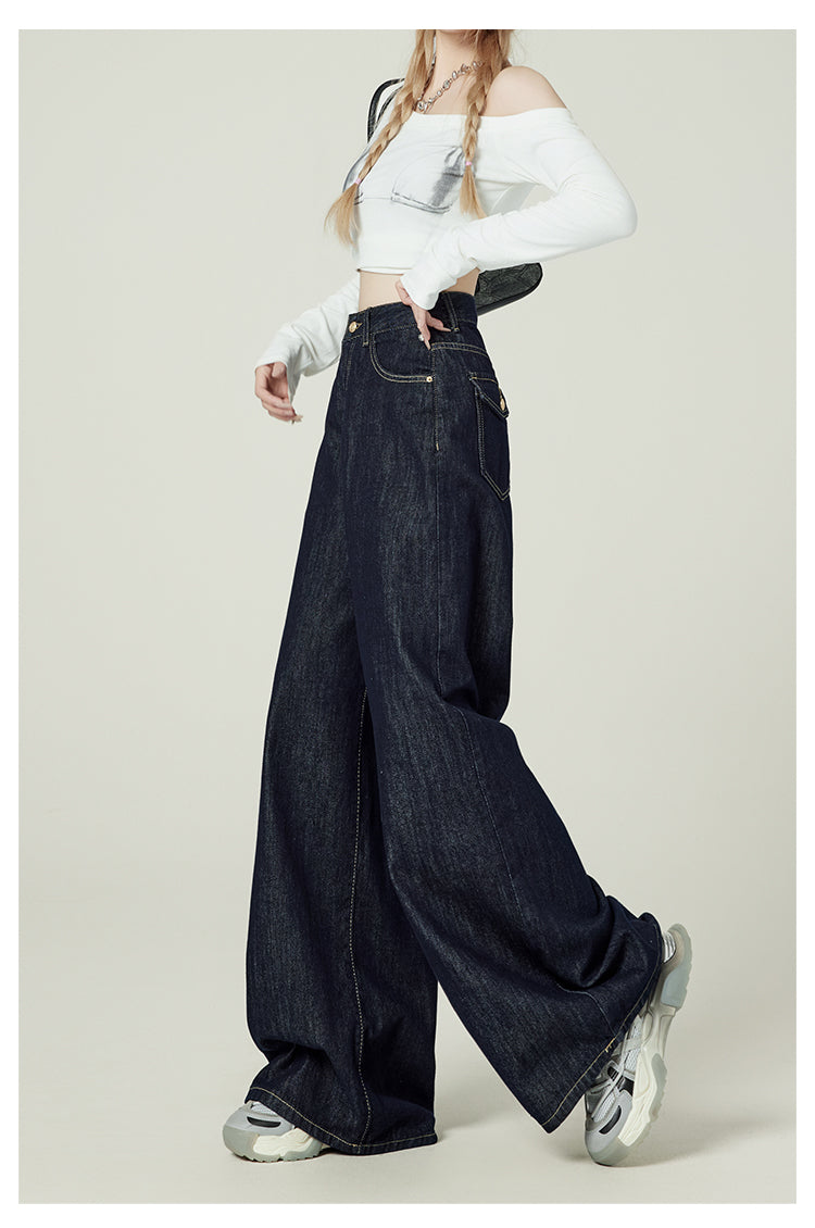 Retro-style denim blue wide-leg jeans for women, American style, high-waisted, loose-fitting, pear-shaped, floor-length.