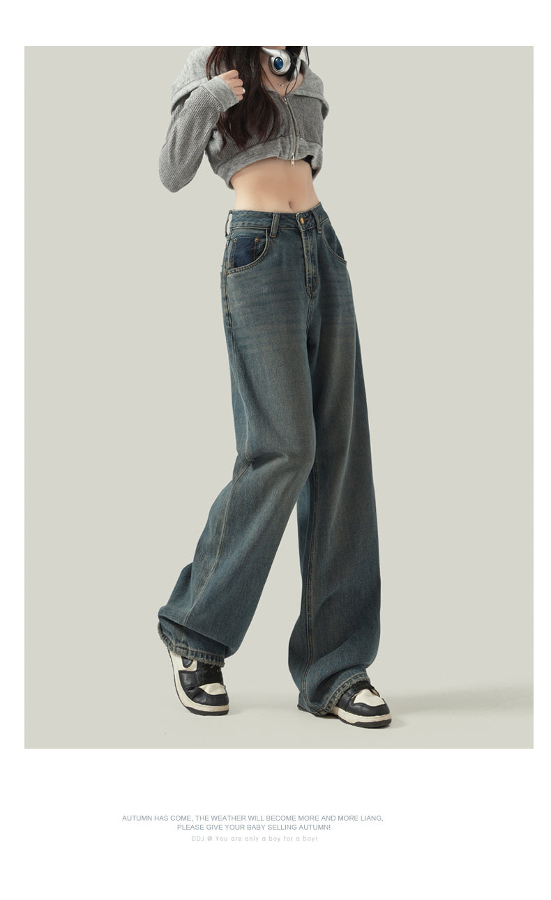 Cement gray straight leg jeans for women, new style, retro Hong Kong style, slimming, drapey wide leg pants