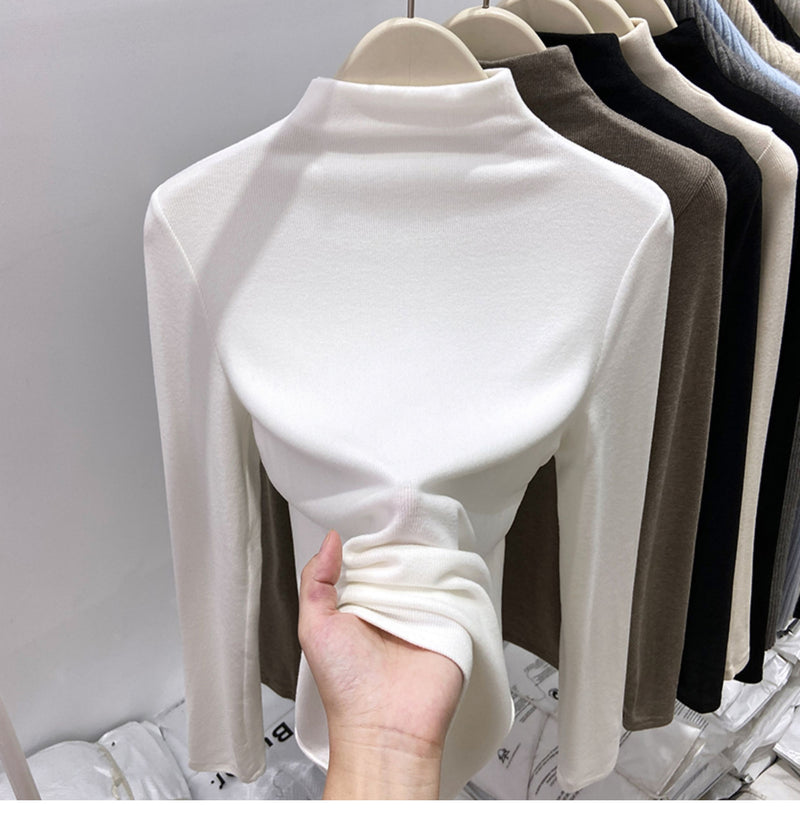 New autumn/winter style high-neck mousse cashmere long-sleeved base layer top for women, brushed fleece inner layer, high-end fleece-lined top
