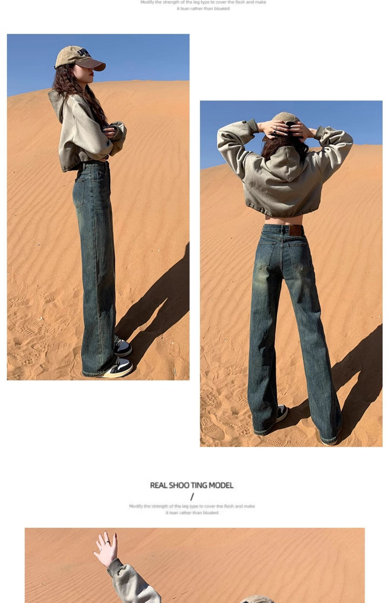 Cement gray fleece-lined slim-fit straight leg jeans for women, new style, high-waisted, slimming, wide-leg pants for petite women.