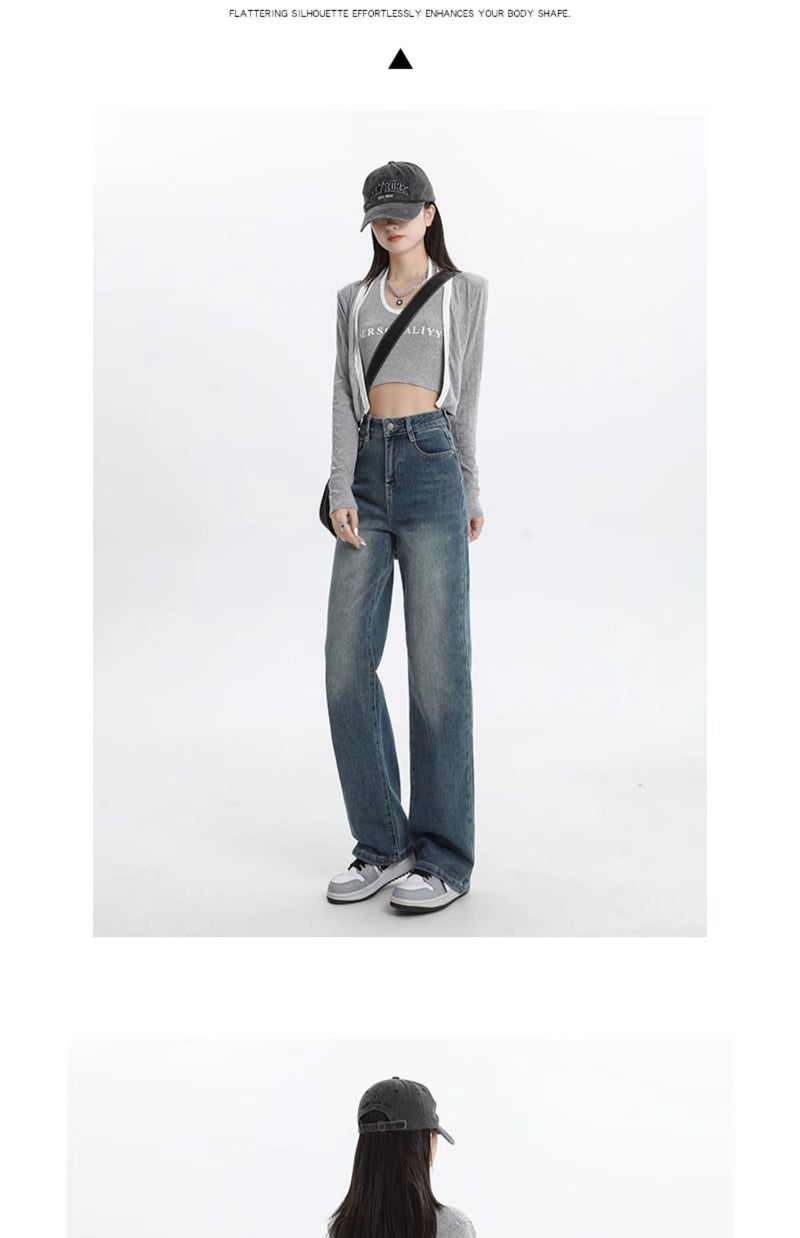 Women's straight-leg fleece-lined jeans, new autumn/winter style, high-waisted, retro, petite, slim-fit, wide-leg pants.