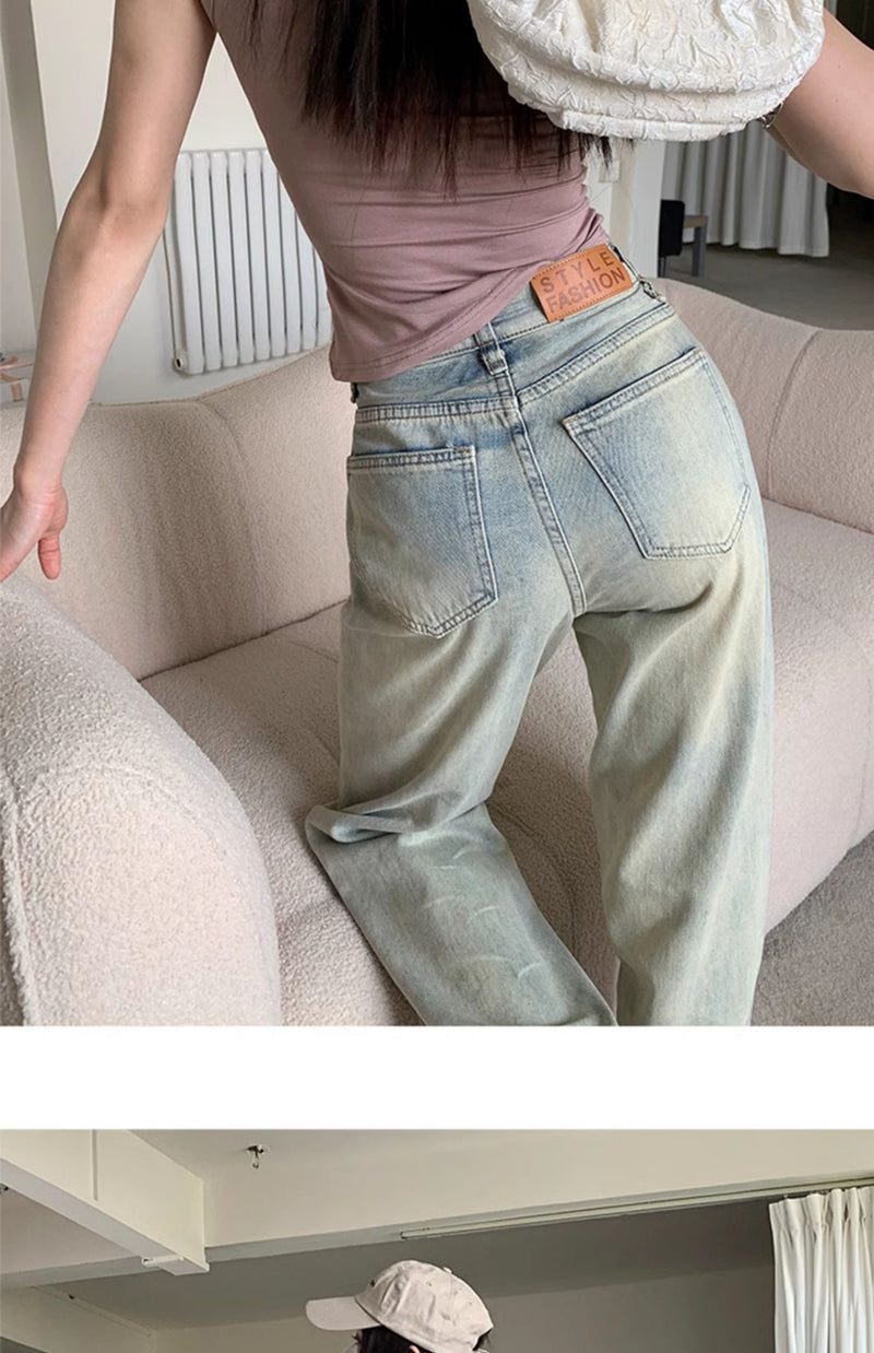 Light-colored slim-fit wide-leg jeans for women, new style, high-waisted, slimming, petite, loose straight leg pants