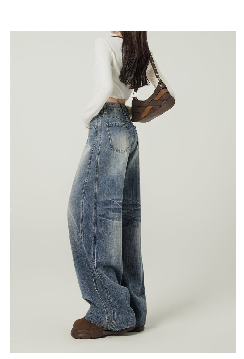 Retro blue high-street loose wide-leg jeans for women, American design, high waist and drape.