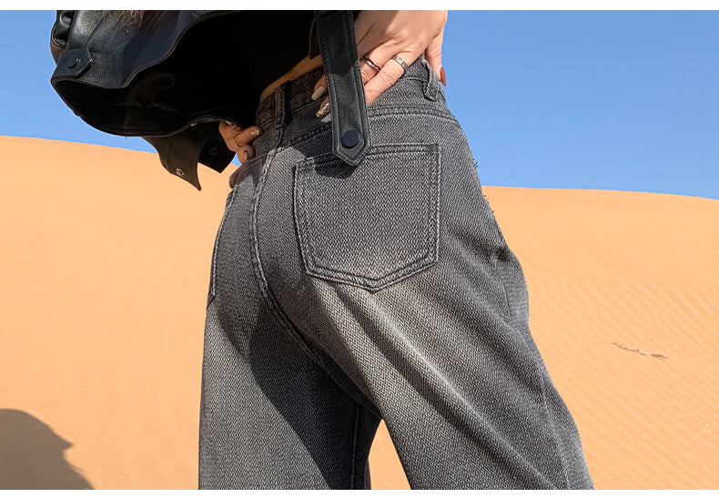 New style black and gray wide-leg jeans for women, American style, high-waisted, loose fit, slimming, straight leg, autumn and winter look.