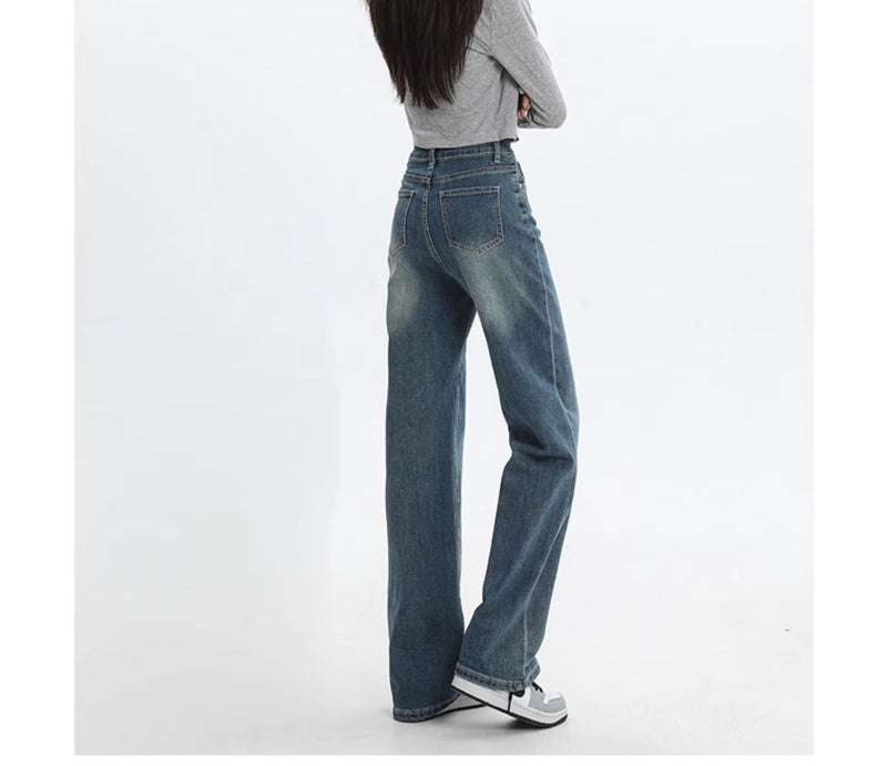 Women's straight-leg fleece-lined jeans, new autumn/winter style, high-waisted, retro, petite, slim-fit, wide-leg pants.