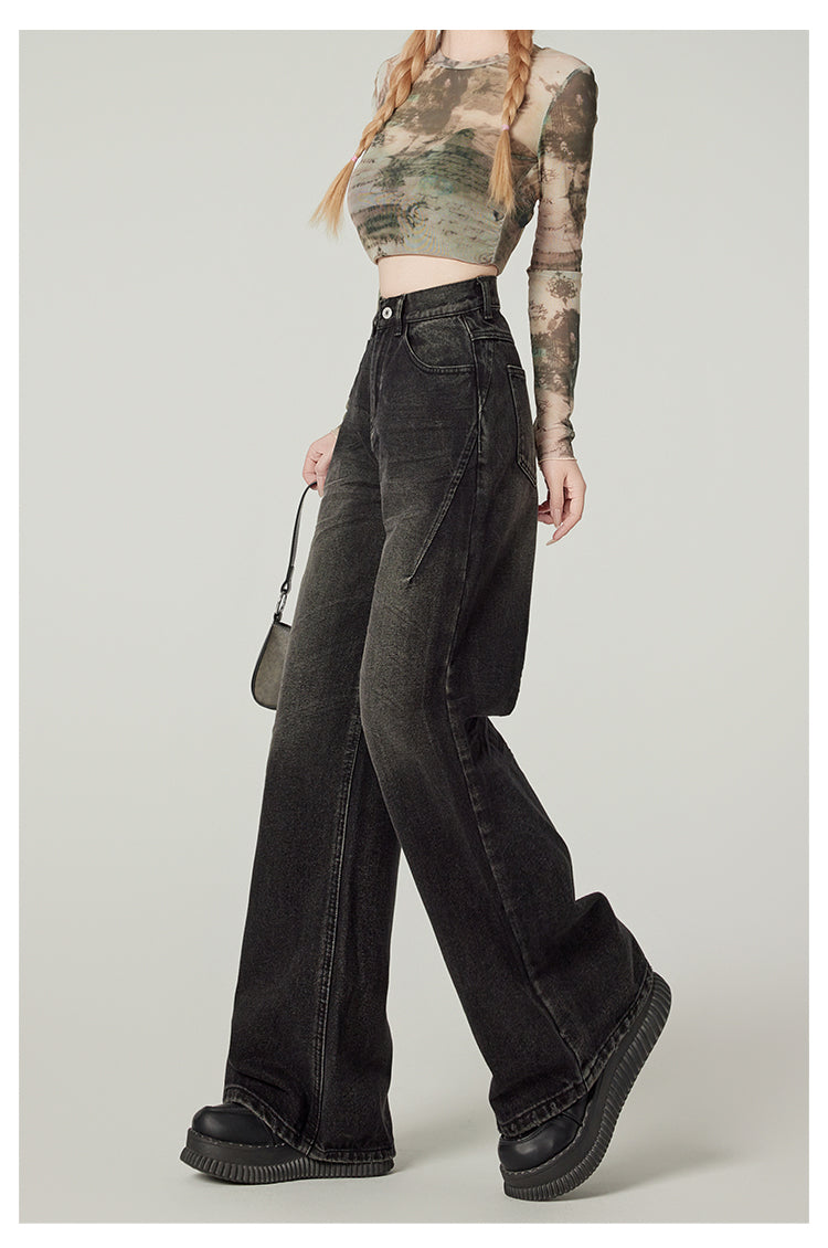 American retro high-waisted wide-leg jeans for women, sexy black loose-fitting slim-fit pear-shaped straight leg pants