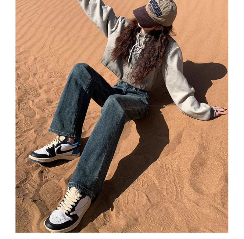 Cement gray fleece-lined slim-fit straight leg jeans for women, new style, high-waisted, slimming, wide-leg pants for petite women.