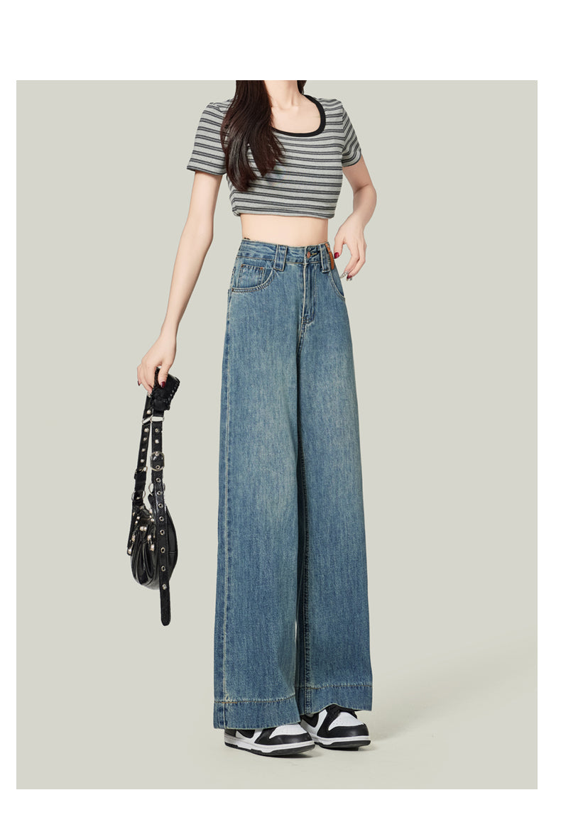 Retro blue high-waisted cropped straight leg jeans for petite women, pear-shaped, loose fit, slimming wide-leg pants