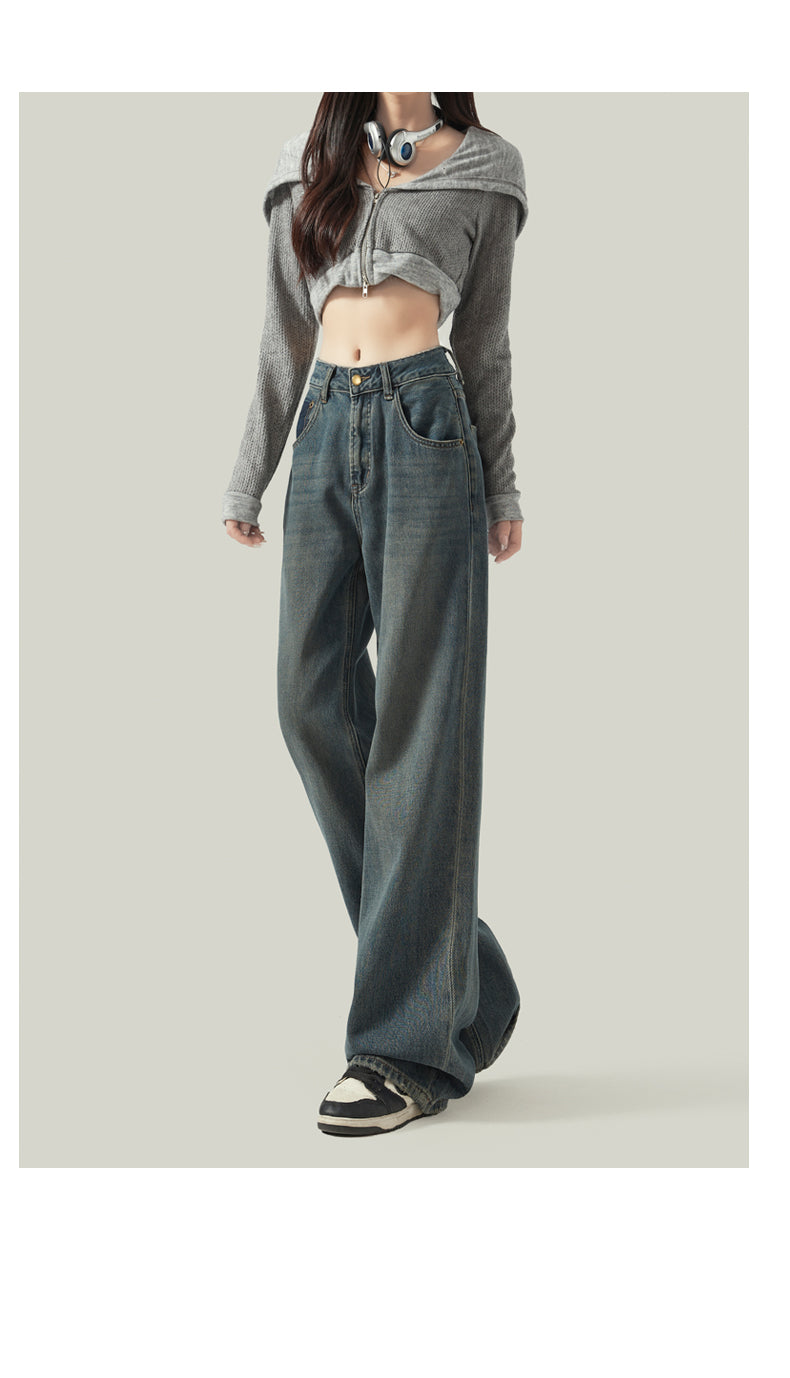 Cement gray straight leg jeans for women, new style, retro Hong Kong style, slimming, drapey wide leg pants