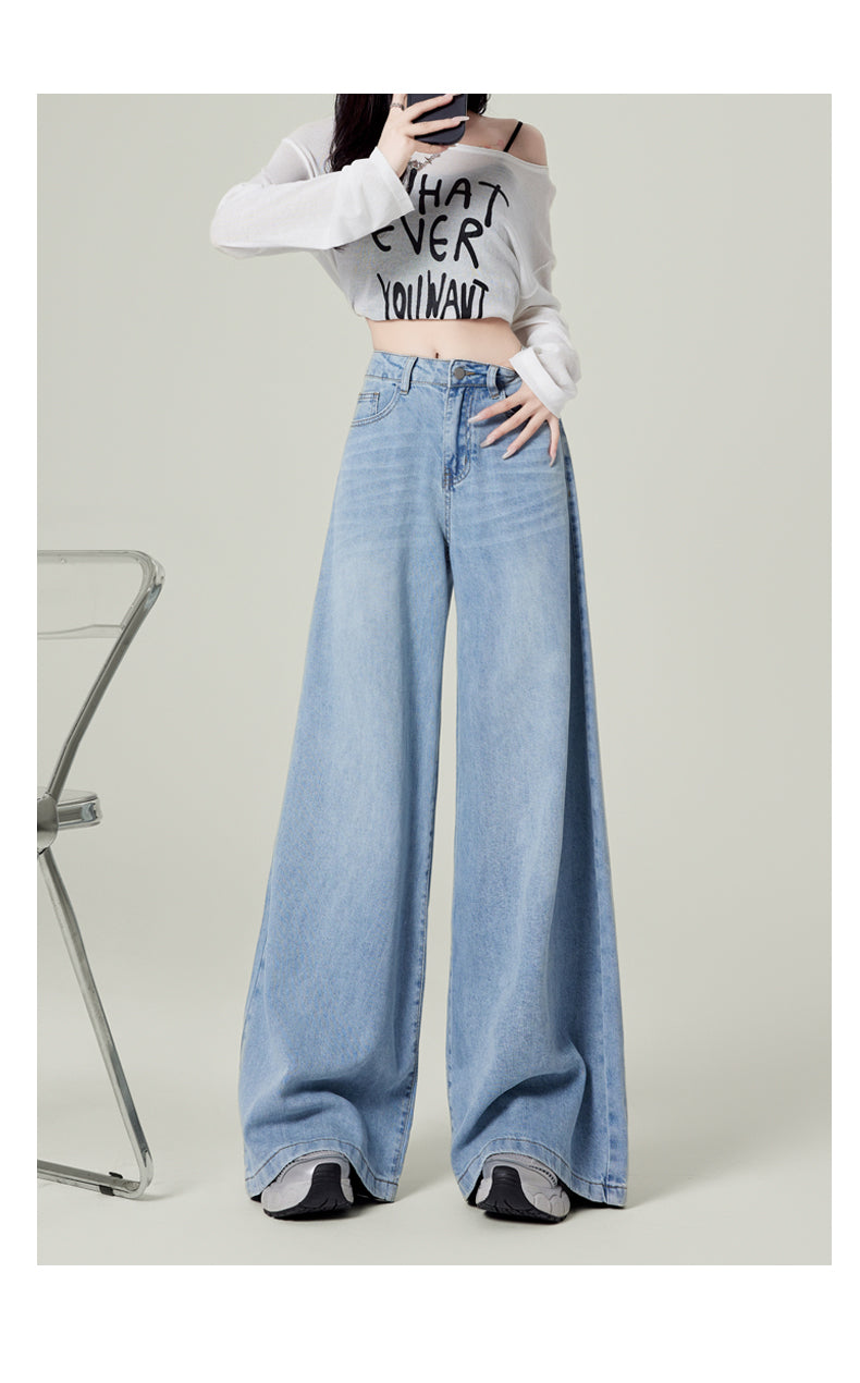 Retro dark blue wide-leg jeans for women, spring and autumn, high-waisted, loose-fitting, floor-length trousers.