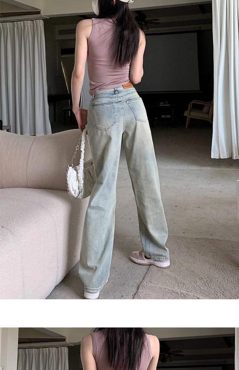 Light-colored slim-fit wide-leg jeans for women, new style, high-waisted, slimming, petite, loose straight leg pants