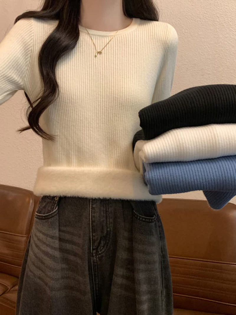 Autumn/Winter Half-High Neck Slim Fit Long Sleeve Base Knit Top Thick Fleece Warm White Sweater for Women