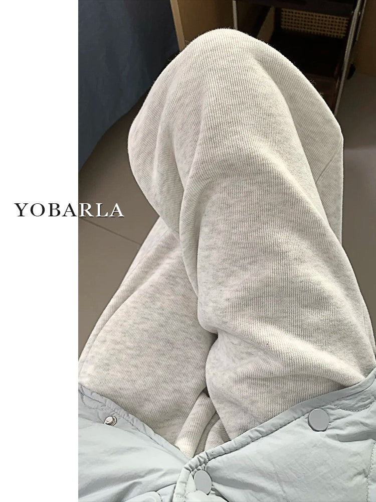 Snowflake Grey Straight Leg Casual Pants for Women, Plus Size, Autumn and Winter, Fleece Lined, Loose Fit, Slimming, Relaxed Style, Sporty Wide Leg Sweatpants