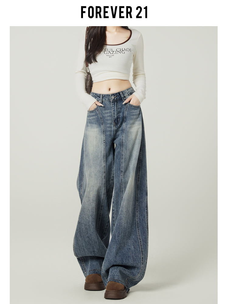 Retro blue high-street loose wide-leg jeans for women, American design, high waist and drape.