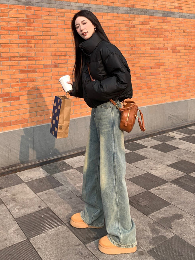 American-style high-street jeans for women, autumn and winter, thick and fleece-lined, new style, petite, loose, straight leg, narrow fit, wide leg pants.
