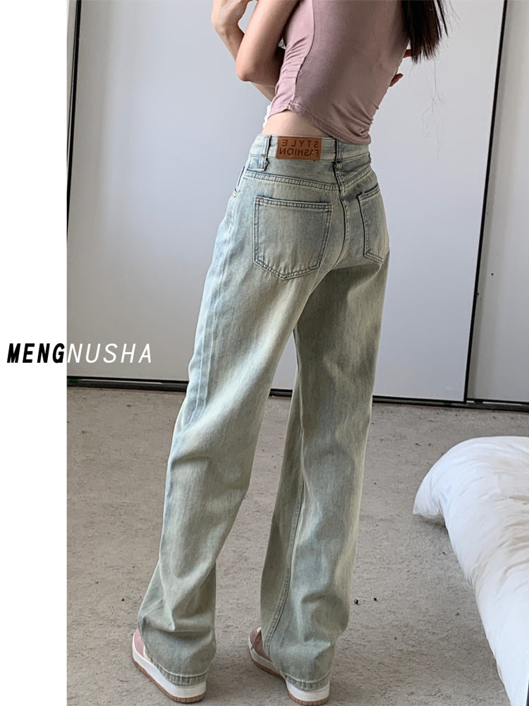 Light-colored slim-fit wide-leg jeans for women, new style, high-waisted, slimming, petite, loose straight leg pants