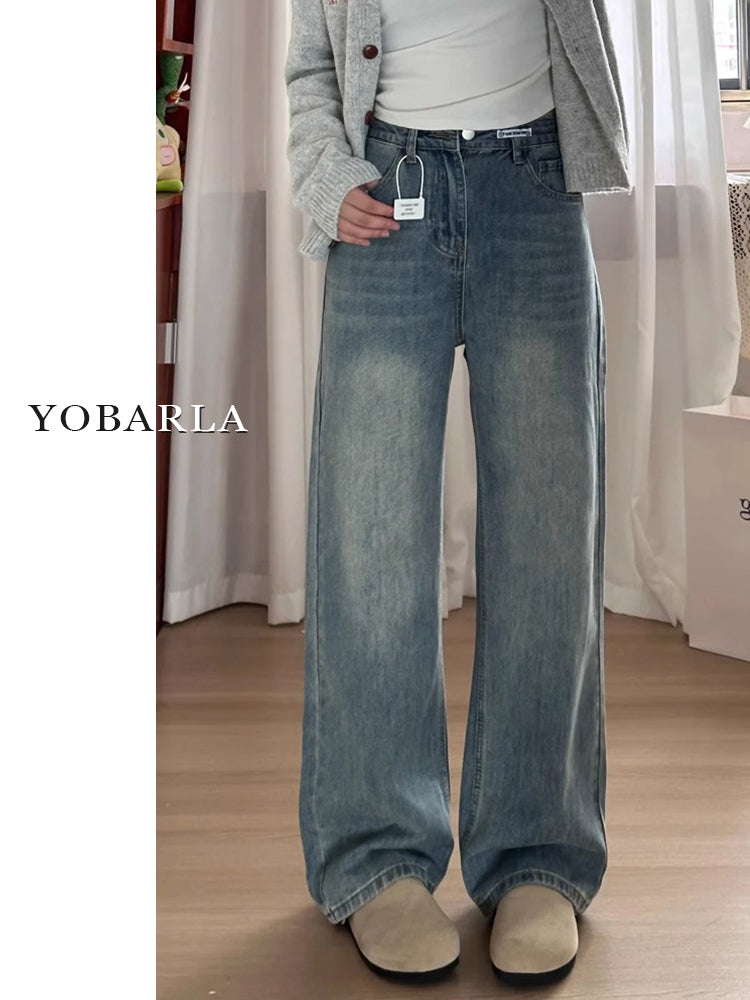 Retro blue straight-leg jeans for women, autumn and winter, fleece-lined and thickened, suitable for plus-size women, slimming for pear-shaped figures, loose wide-leg pants.