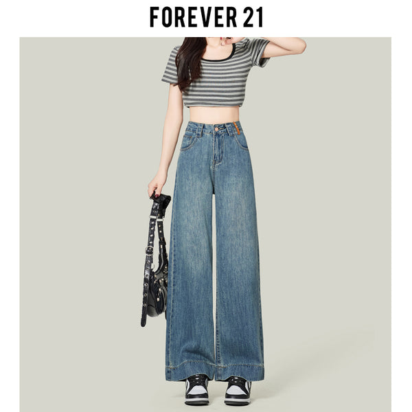 Retro blue high-waisted cropped straight leg jeans for petite women, pear-shaped, loose fit, slimming wide-leg pants