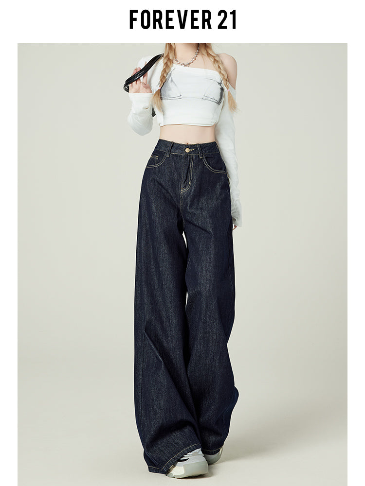 Retro-style denim blue wide-leg jeans for women, American style, high-waisted, loose-fitting, pear-shaped, floor-length.