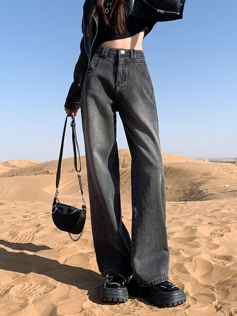 New style black and gray wide-leg jeans for women, American style, high-waisted, loose fit, slimming, straight leg, autumn and winter look.