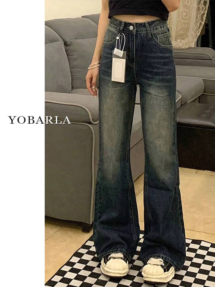 Retro blue flared jeans for women, autumn and winter, fleece-lined and thickened, plus size, loose fit, slimming, pear-shaped figure, long pants.