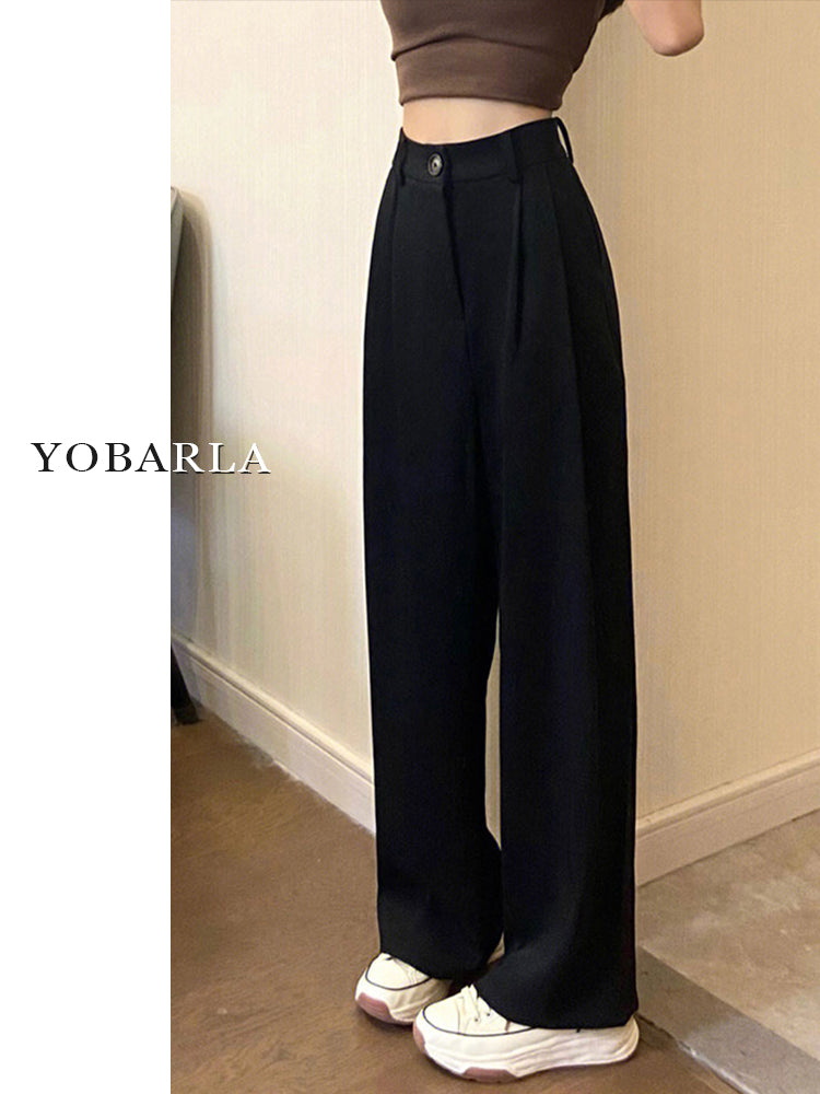 Women's black wide-leg casual suit pants, plus size, loose fit, flattering for pear-shaped figures, straight leg drape.