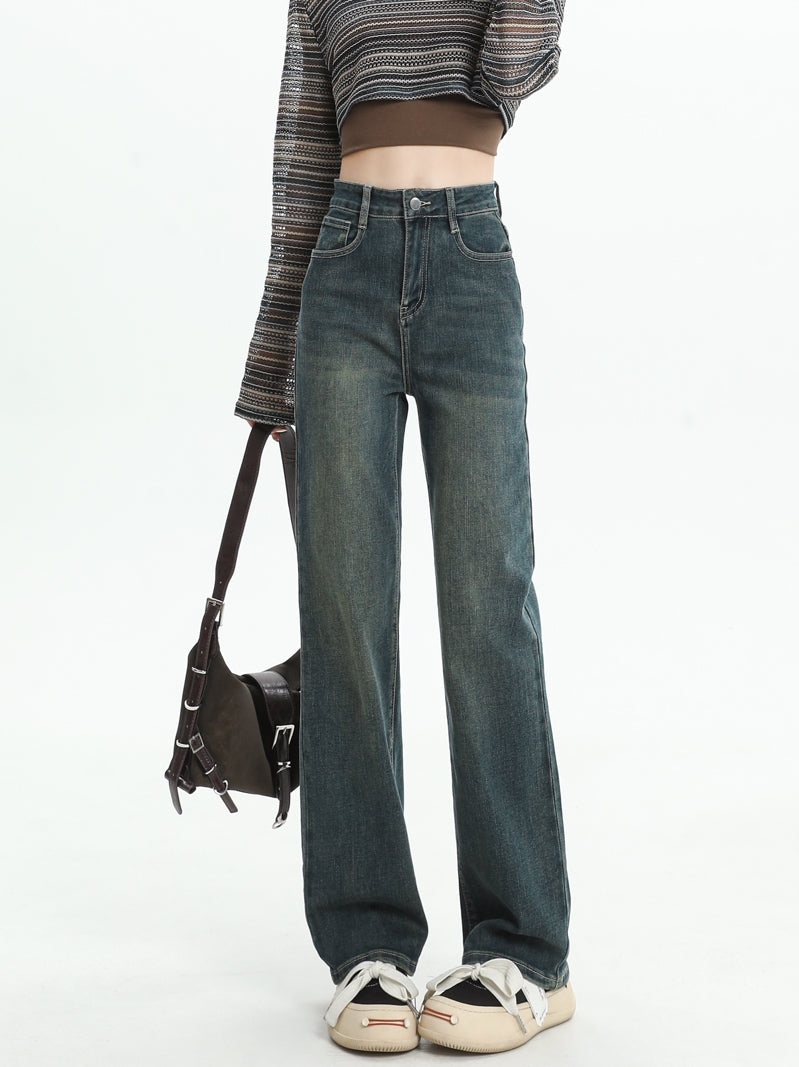 Women's straight-leg fleece-lined jeans, new autumn/winter style, high-waisted, retro, petite, slim-fit, wide-leg pants.