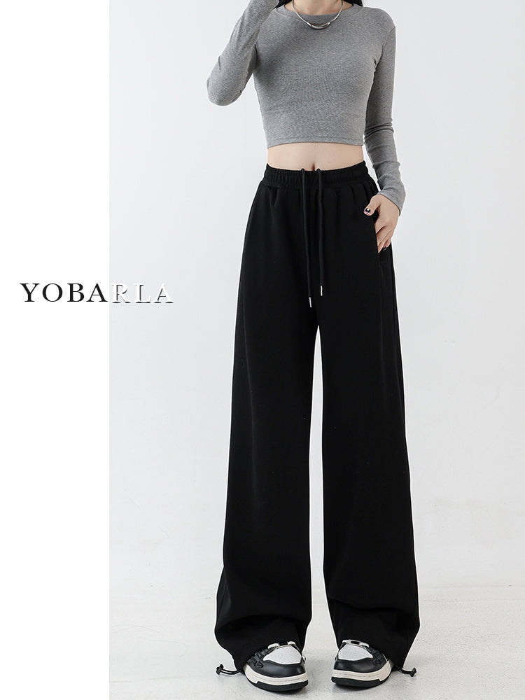 Women's black straight-leg casual pants, autumn and winter style, fleece-lined and thickened, plus size, slimming, loose and draped, wide-leg athletic sweatpants.