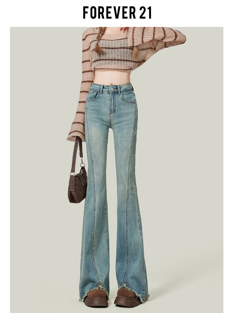 Light blue flared jeans for women, high-waisted, slim-fitting, platform style, floor-length.