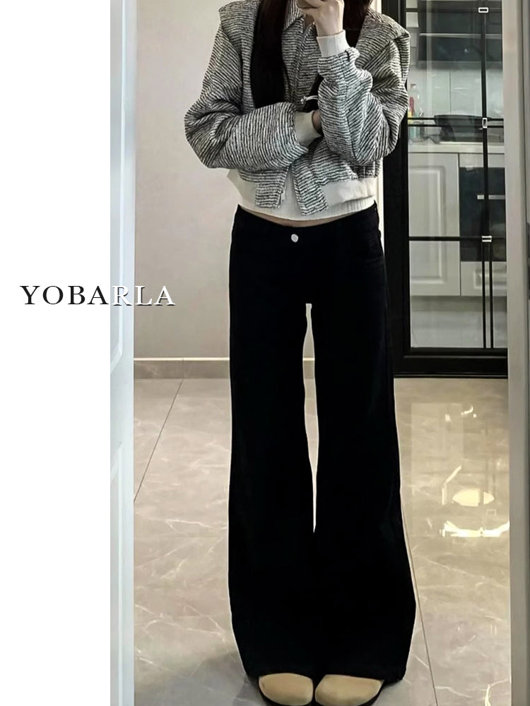 Women's black flared jeans, autumn/winter style, fleece-lined, plus size, stretchy, slimming, pear-shaped figure, wide-leg, platform pants.