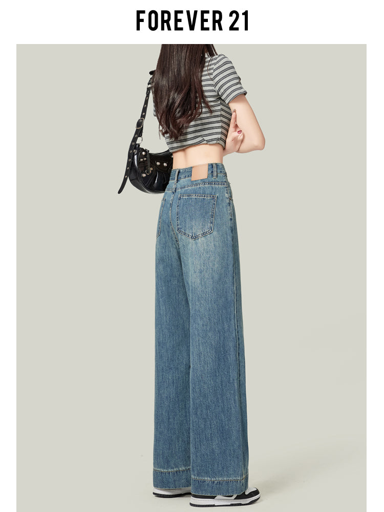 Retro blue high-waisted cropped straight leg jeans for petite women, pear-shaped, loose fit, slimming wide-leg pants