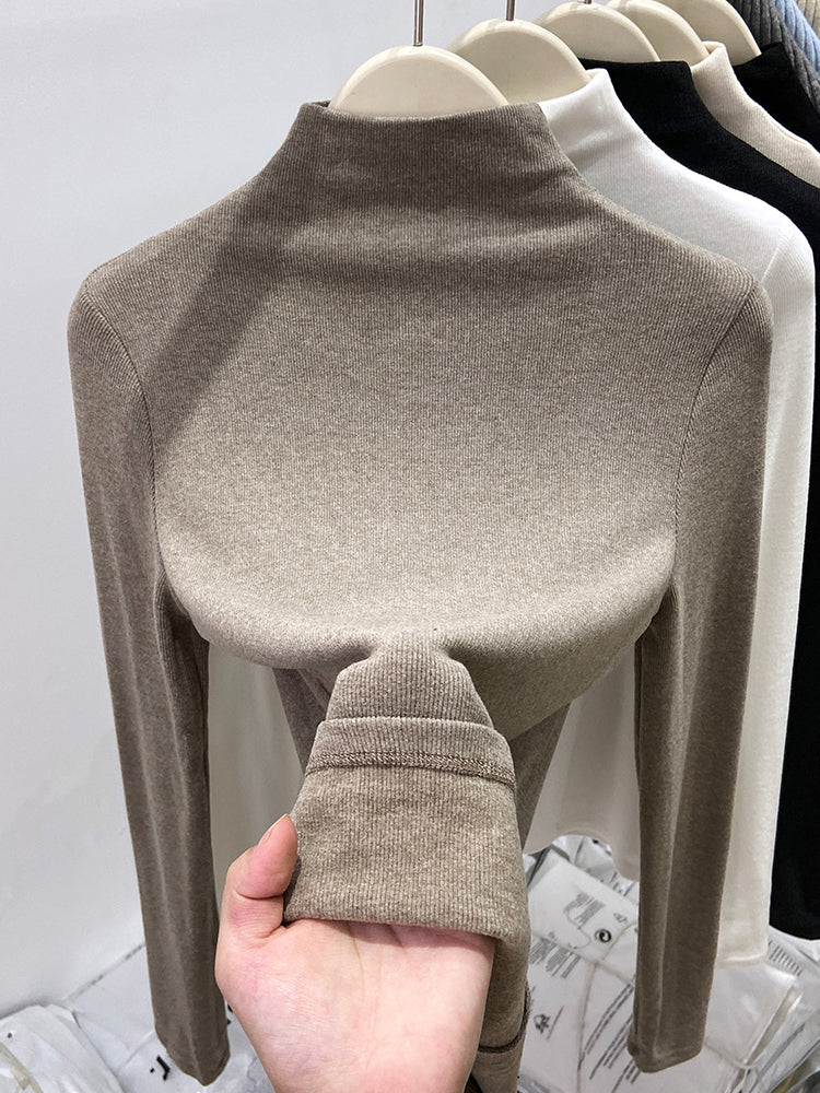 New autumn/winter style high-neck mousse cashmere long-sleeved base layer top for women, brushed fleece inner layer, high-end fleece-lined top