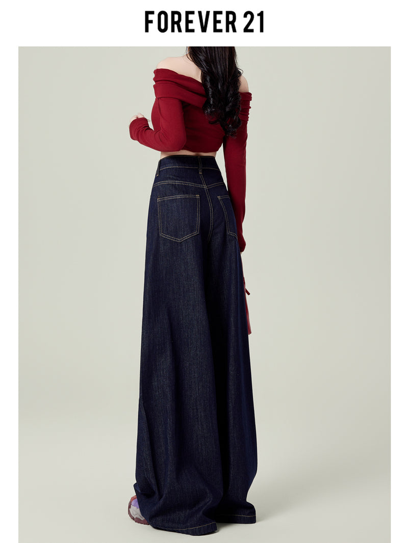 Retro dark blue wide-leg jeans for women, spring and autumn, high-waisted, loose-fitting, floor-length trousers.