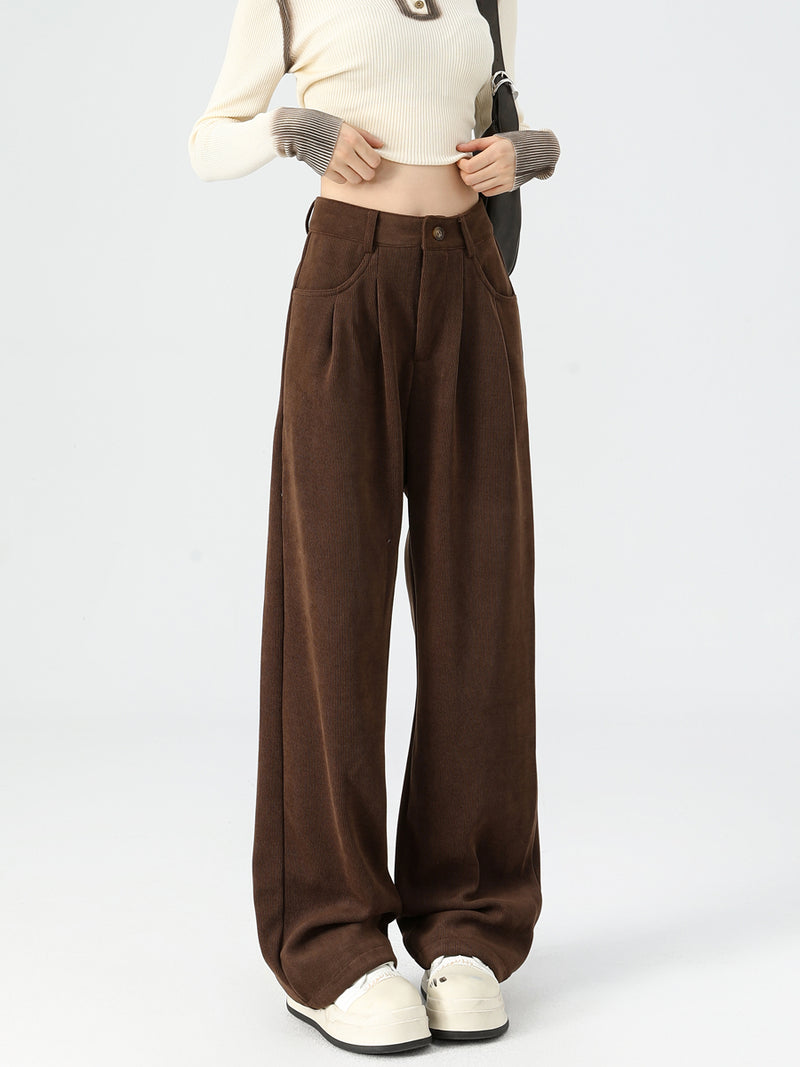 Maillard dark brown corduroy pants, new autumn/winter style, high-waisted, short-leg brown, casual pants.