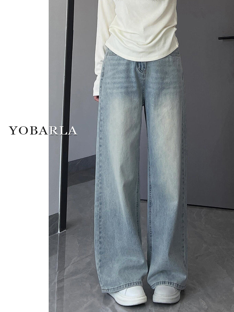 Light-colored straight-leg jeans for women, autumn and winter, fleece-lined and thickened, plus size, loose fit, slimming, pear-shaped figure wide-leg pants.