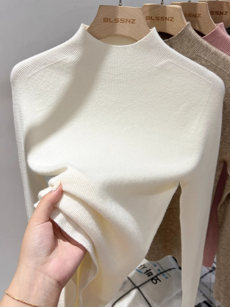 100% Soft and Cozy Wool Sweater for Women, White High-Neck Knitted Base Layer, Slim Fit and Elegant Tri-Neck Sweater