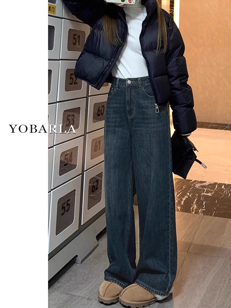 Women's straight-leg jeans, autumn and winter, fleece-lined, thickened, plus size, pear-shaped figure, loose fit, slimming wide-leg pants