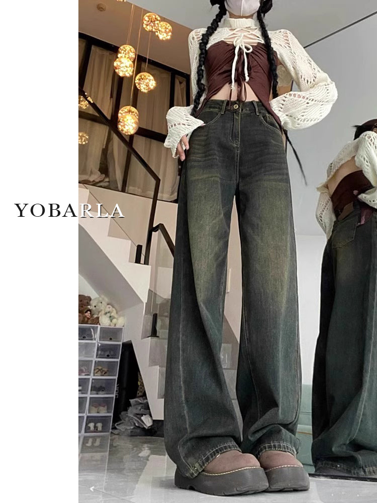 Women's wide-leg jeans for autumn and winter, fleece-lined, pear-shaped, plus-size, loose, slimming, straight-leg trousers.