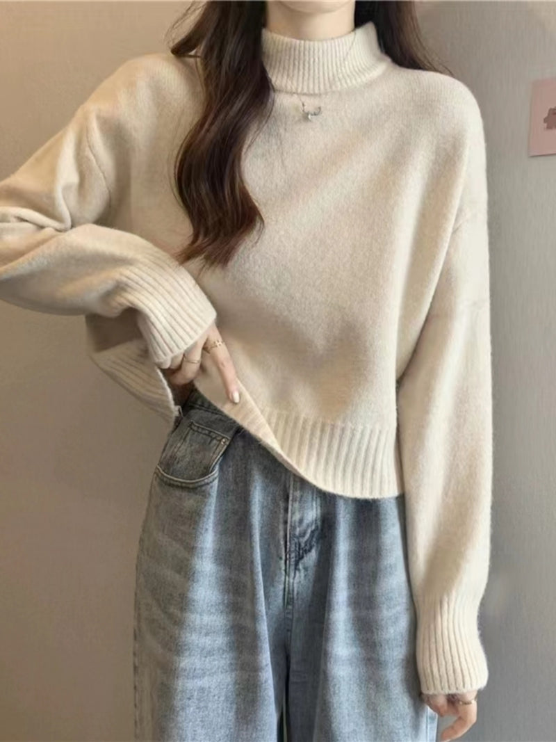 French-style short sweater for women, autumn and winter, petite, thick, soft and gentle style, high neck pullover knitwear