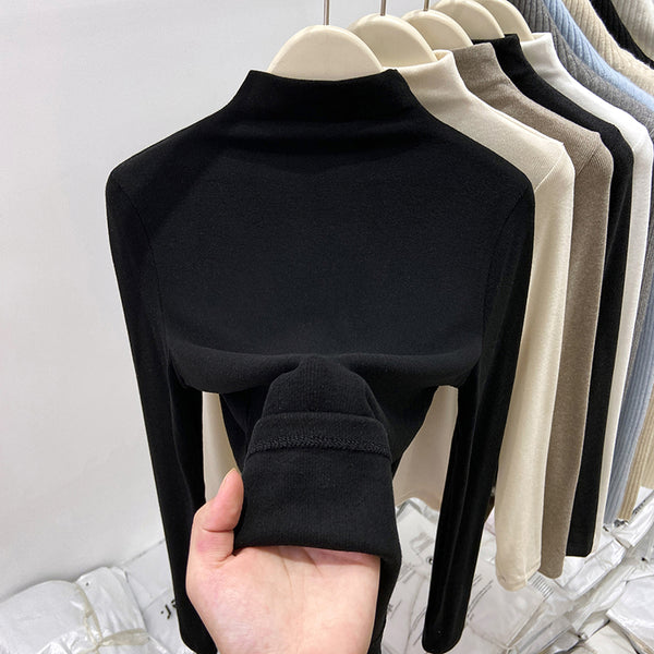 New autumn/winter style high-neck mousse cashmere long-sleeved base layer top for women, brushed fleece inner layer, high-end fleece-lined top