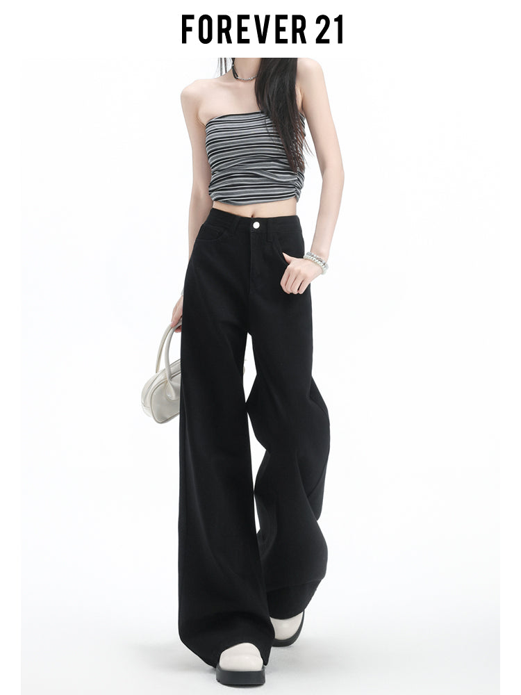 Stylish black high-waisted wide-leg jeans for women with pear-shaped figures, loose-fitting straight leg.