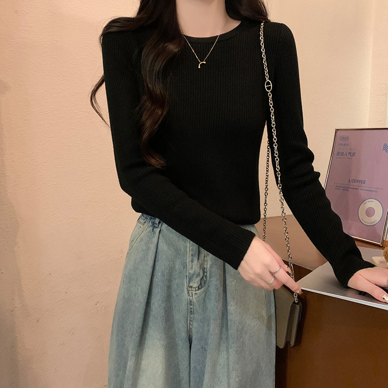 Autumn/Winter Half-High Neck Slim Fit Long Sleeve Base Knit Top Thick Fleece Warm White Sweater for Women