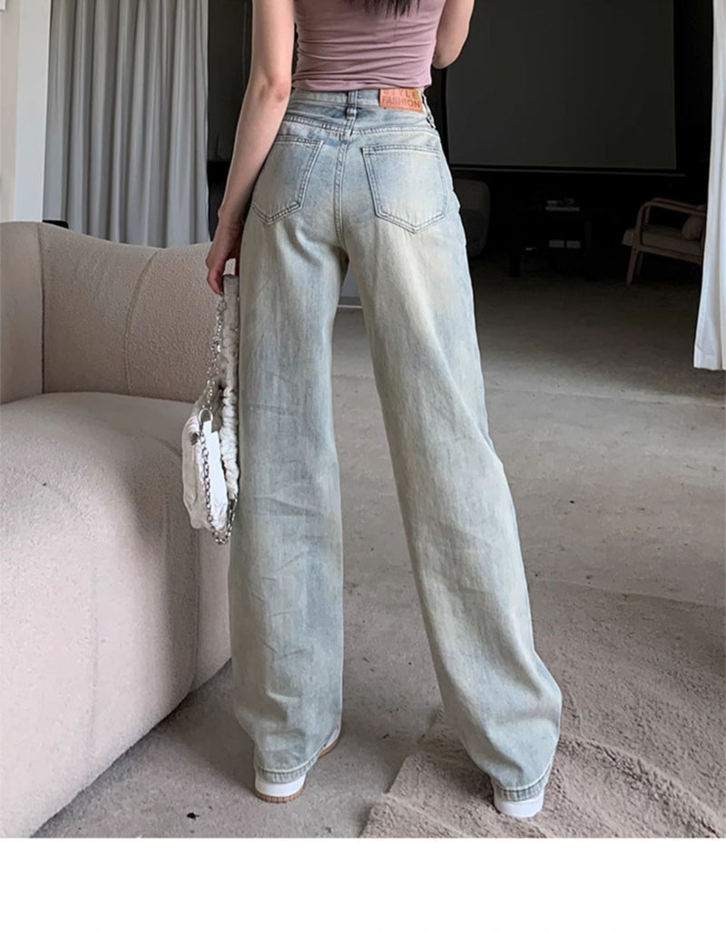 Light-colored slim-fit wide-leg jeans for women, new style, high-waisted, slimming, petite, loose straight leg pants