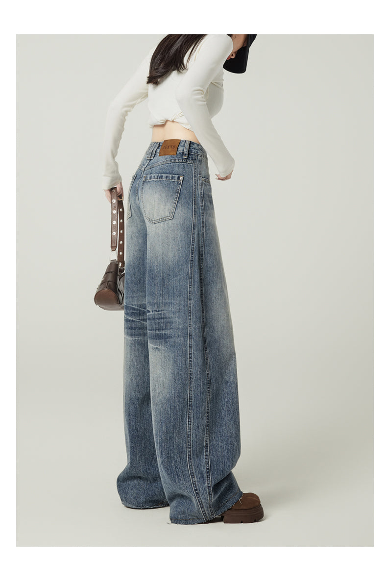 Retro blue high-street loose wide-leg jeans for women, American design, high waist and drape.