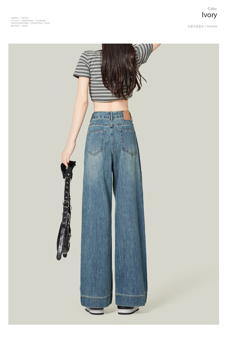 Retro blue high-waisted cropped straight leg jeans for petite women, pear-shaped, loose fit, slimming wide-leg pants
